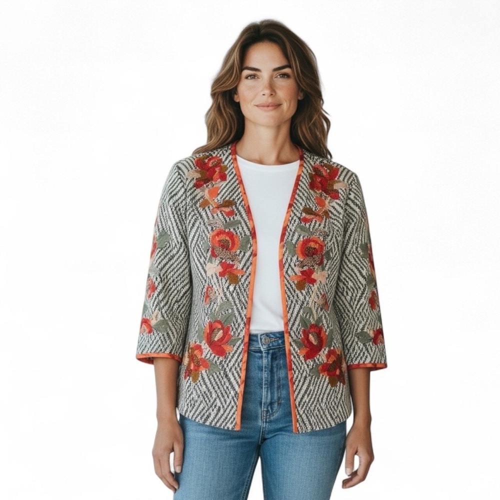 Chico's Artisan Appliqué Patterned Embroidered Open Front Jacket 3/4 Sleeve